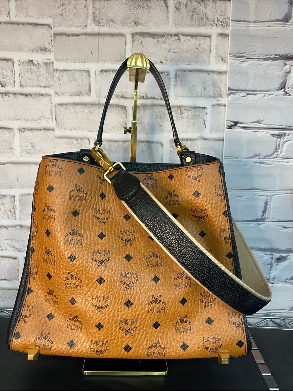 MCM Cognac Visetos Shoulder Tote with Black Trim and Cream-Edged Strap